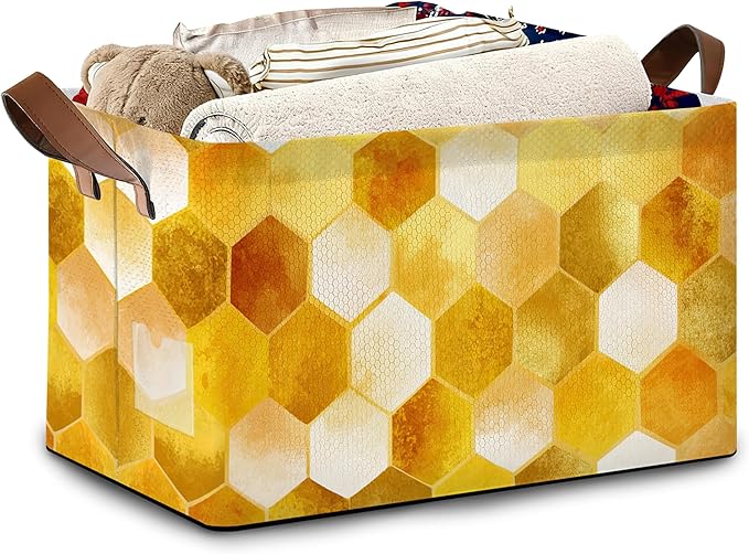 Honeycomb Storage Baskets,Bee Foldable Organizer Bin with Handles for Home Living Room Bedroom Closet Box 17x11.5x10Inch