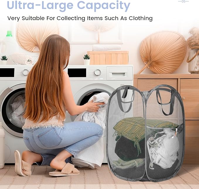 HOUSE AGAIN Mesh Popup Laundry Hamper, [Reinforced] Collapsible Laundry Basket, Foldable Pop Up Hamper with Durable Handles, Easy to Open and Fold for Dorm, Laundry Room, Bedroom, RV, (Grey）