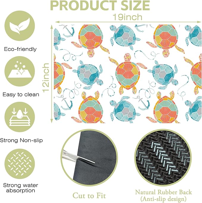 Colorful Sea Turtles Kitchen Mat Anchor Dish Drying Mat 12"x19" Bsorbent Coffee Maker Mat for Sink Dishes or Under Rack Kitchen Counter Accessories Absorbent Hide Stain Rubber Backed Dish Drying Pad