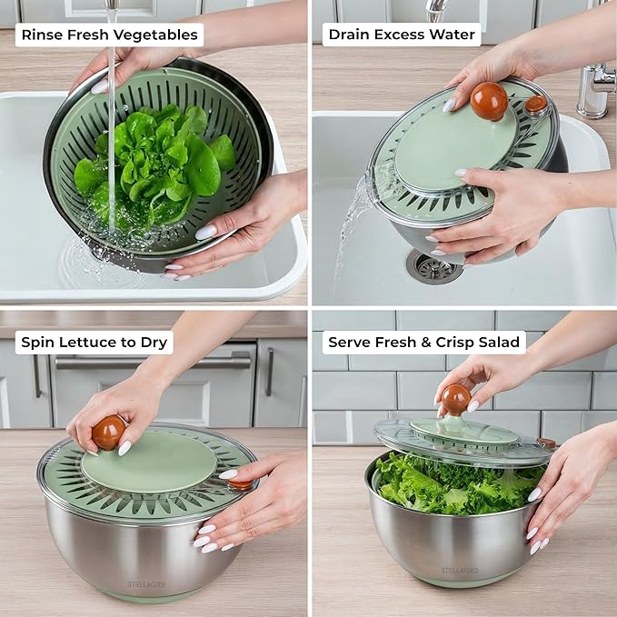 Stainless Steel Salad Spinner Large - Fruit and Vegetable Wash Bowl with Strainer - Lettuce Spinner, Fruit Cleaner, Collapsible Salad Dryer 5.3 Quart Capacity