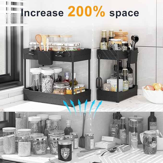 Sevenblue 2 Pack Under Sink Organizer, Under Bathroom Cabinet Organizer with Hooks Hanging Cup, Multi-Purpose Storage Shelf for Kitchen Bathroom (Black, XL)