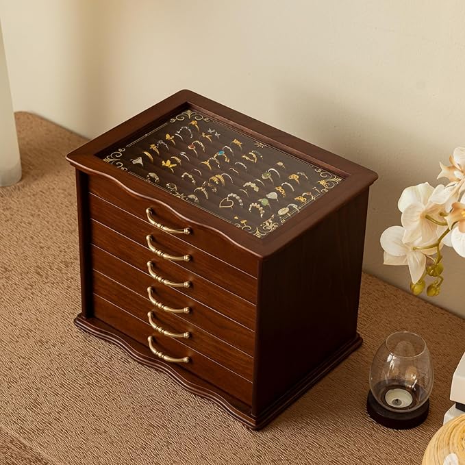 KINTNESS Black Walnut Wooden Jewelry Box - 6 Drawers Solid Wood Large Jewelry Organizer with Secret Compartment for Women Girls, Jewelry for Bracelet, Necklace, Ring, Earring