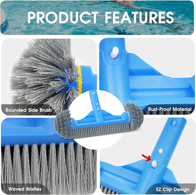 3PCS Cleaning Kit - 12.5'' Brush With Round End & 11'' Skimmer Net Fine Mesh & 5.7 Feet Thick Aluminum Pole 5-Segment, for Above Ground & Inground Pools Ponds