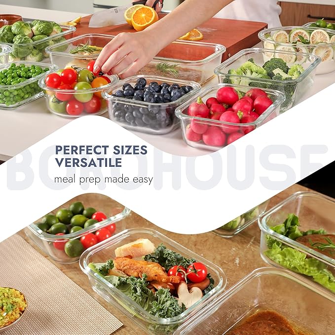 BOROHOUSE 10-Pack Glass Food Storage Containers with Tempered Lids – Borosilicate, Airtight, Oven-Safe (-4°F~950°F), BPA-Free, 4.4 & 1.6 Cup, Leak-Proof, Dishwasher Safe (Blue)