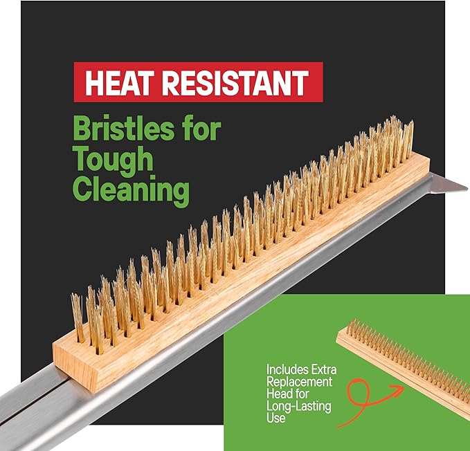 SCRUBIT 26" Pizza Oven Brush with Scraper, Heat Resistant - Stainless-Steel 2-in-1 Pizza Stone Brush with Pizza Stone Cleaner, Includes 2 Brush Heads and 30 Waste Bags - Works with Ooni Pizza Oven