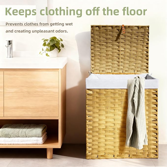 Woven Laundry Hamper with Lid,24Gal (90 L) Rattan Wicker Laundry Basket 2 Sections with Lid, Removable Machine Washable Line, Large Clothes Hamper with Handles for Bathroom Bedroom, Yellow