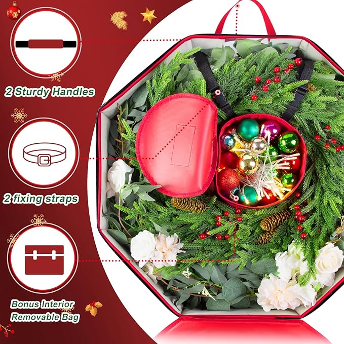 Wreath Storage Christmas Garlands Bag with Interior Pockets Large Xmas Container Box for Holiday Decorations Case with Dual Zipper and Handles Window Labeling Card Slot 24" Red