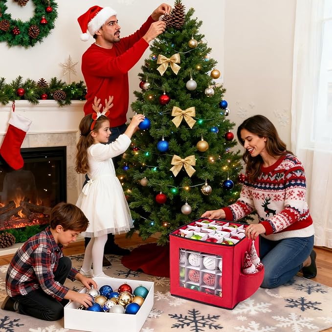 Christmas Ornament Storage Box, Premium Ornaments Organizer with Adjustable Dividers Pockets Clear Window Store Up to 64 Holiday Ornaments Storage Container Bin Zippered for Christmas Decorations Red