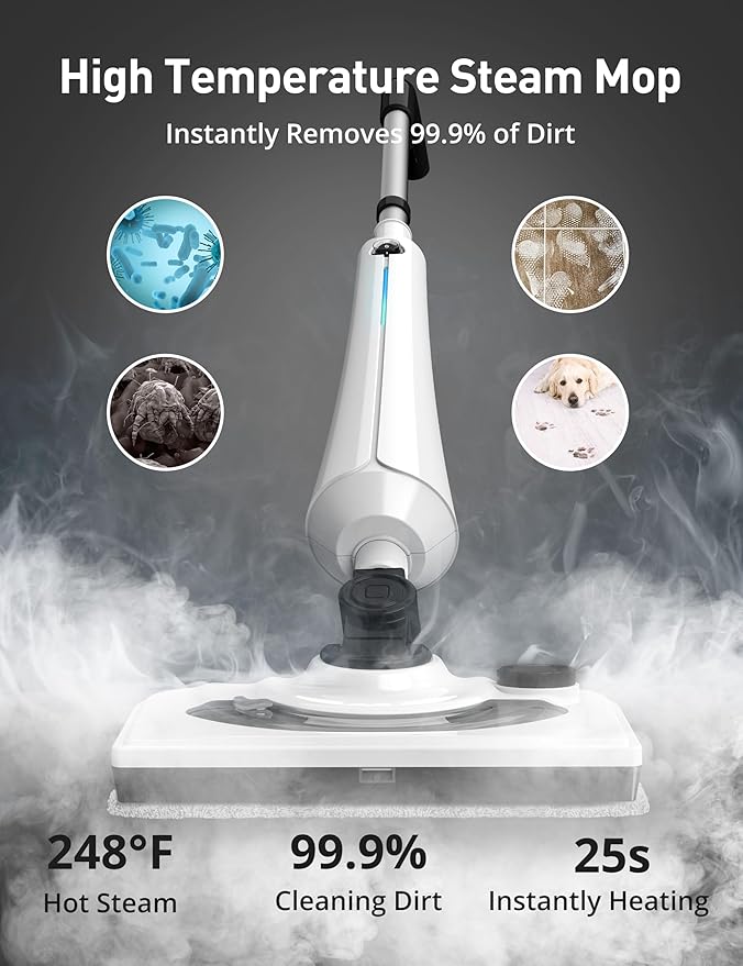Black Steam Mop for Hardwood Floors, 1300W 25S Heat Up Floor Steamer with Detergent Chamber, Lightweight Cleaner for Tiles/Carpets, 2 Washable Pads