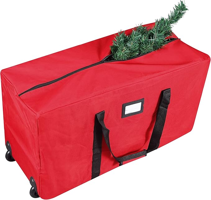 ProPik Holiday Rolling Tree Storage Bag | Fits Up to 6 ft. Tall Disassembled Christmas Tree | 22"x16"x 50" | Large Heavy Duty Xmas Storage Container with 2 Wheels & Handles | 600D Oxford (Red)