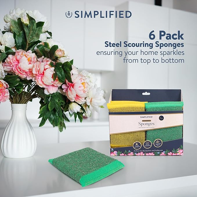 Simplified 6-Pack Steel Scouring Sponges with Rust Resistant Stainless Steel Threading for Home and Kitchen Cleaning Supplies, Heavy Duty Cleaning Sponge for Kitchen & Bathroom, Navy/Yellow