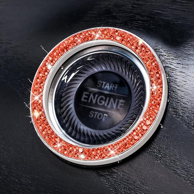 ToBeQueen Bling Car Crystal Rhinestone Ring Emblem Sticker, Car Interior Decoration, Bling Car Accessories for Women, Push to Start Button, Key Ignition Starter & Knob Ring (Orange)