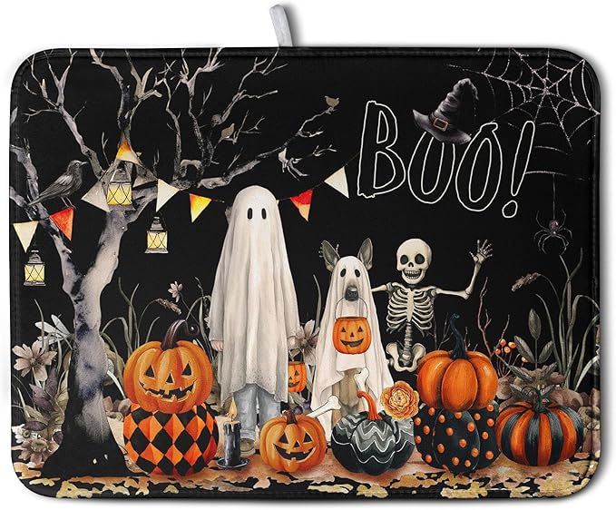 Kwlegh Halloween Dish Drying Mat for Kitchen Counter 18x24 Inch Black Ghost Pumpkins Dog Boo Skull Dishes Drainer Mats Absorbent Microfiber Washable Dish Draining Pad for Sink Coffee Bar