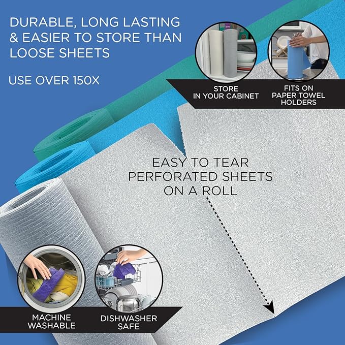 LOLA Swedish Dishcloths for Kitchen XL, 12 Sheet Roll, Biodegradable & Compostable, Reusable Paper Towel Cleaning Cloths, 11" x 10", No Odor, Washing Dishes, Ultra Absorbent Cellulose Sponge Towel