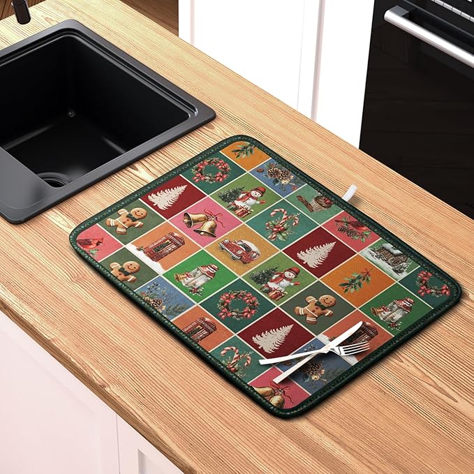 Kwlegh Christmas Dish Drying Mats for Kitchen Counter Cute Xmas Holiday Dish Drainer Pad Microfiber Absorbent Winter Dish Draining Mat Washable Dish Drainer Rack Mat Extra Large 18x24 Inch