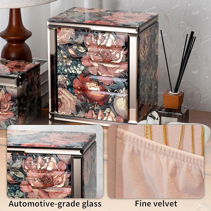 Glass Vintage Painting Jewelry Box,5-Layer Storage Case,Art Desktop Decorations Gift for Women,Jewelry Organizer For Necklaces Rings Earrings Bracelets