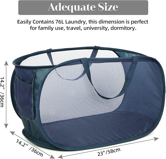 Durable Collapsible Laundry Baskets, Mesh Pop Up Laundry Hamper with Side Pocket, Foldable Clothes Hamper with Reinforced Carry Handles for Laundry, Bathroom, Kids Room, Dorm, Travel 2 Pack Navy Blue