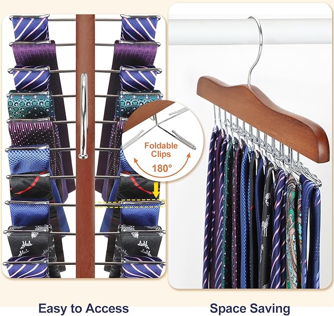 TOPIA HANGER Tie Rack Hanger for Closet, Wooden Tie Organizer for Men with 24 Folding Hooks, Space Saving Necktie Holder for Storage and Display Bra, Tank Top, Camisole (2-Pack), Walnut- CT14WA-2