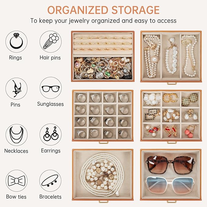 AKOZLIN 6-Tier Jewelry Box Organizer Functional 5 Drawers Leather Jewelry Storage Case for Women Girls Ring Necklace Earring Bracelet Holder Organizer with Mirror Dark Orange