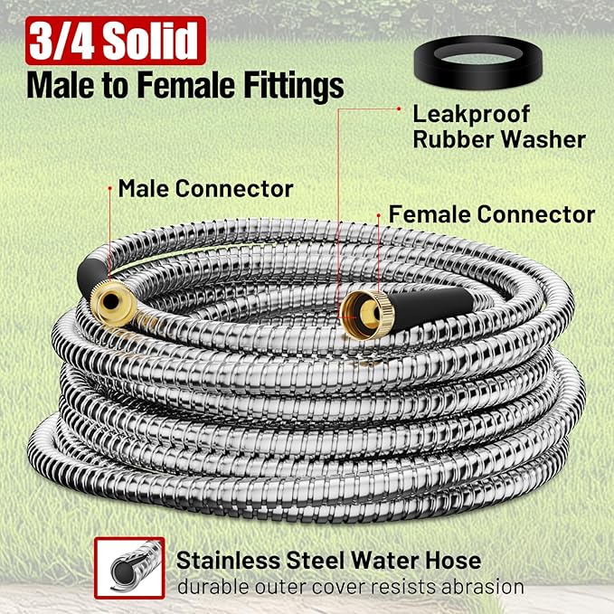 Beitopamz Garden Hose 25 ft, Stainless Steel Metal Water Hose with Nozzle, Flexible and Durable, Rust Proof, No-Kink, Heavy Duty, Leakproof 3/4'' Brass Fittings, Lightweight Hose for Patio, Lawn