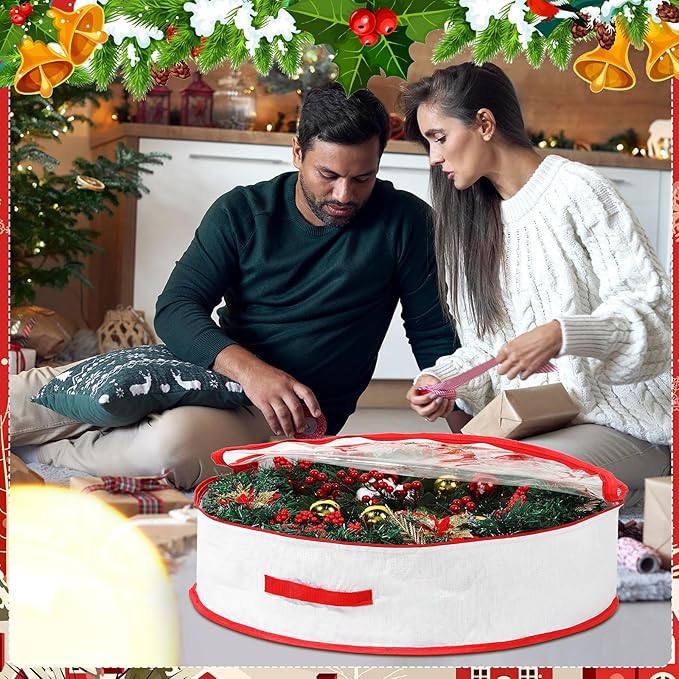 Aliceset 4 Pack Wreath Storage Containers, Christmas Ornament Garland Wreath Storage Bags with Handle Dual Zipper Large Decorative Storages Box for Winter Wreaths(30 x 30 x 7.8 Inch,White)