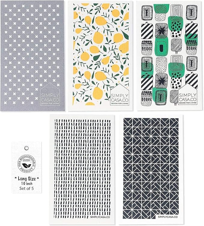 SIMPLYCASA Long 5‑Pack Swedish Dishcloths – Reusable, Cellulose Sponge Dish Cloths for Washing Dishes, Paper Towel Replacement, Plastic-Free Packaging, Super Absorbent