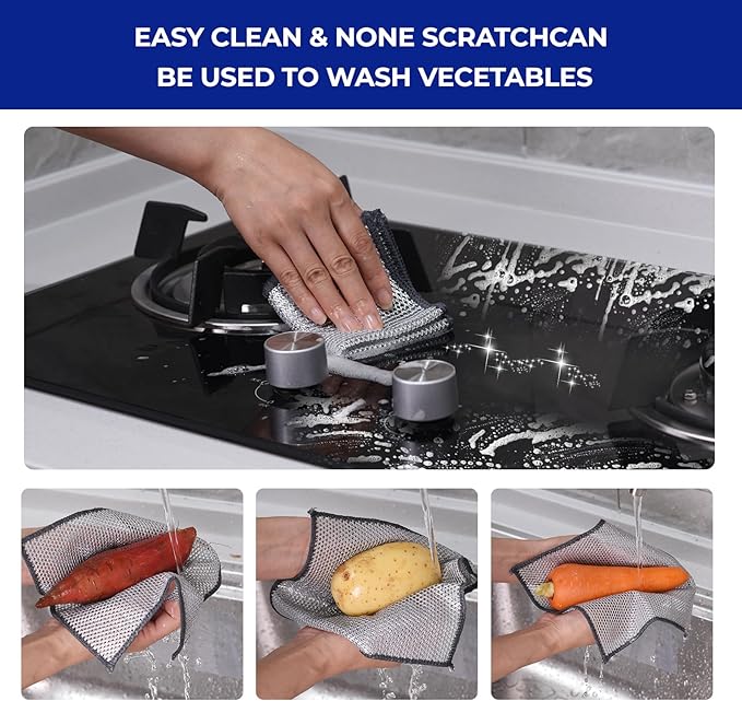 Wangjinpeng 12 PCS 3-Layer Non-Scratch Multipurpose Steel Wire Dishcloths - Reusable Quick-Dry Odor-Free Scrub Cloths for Dishes, Kitchen Cleaning Cloths for Cookware, Sinks, Stove Tops(7.87X7.87)