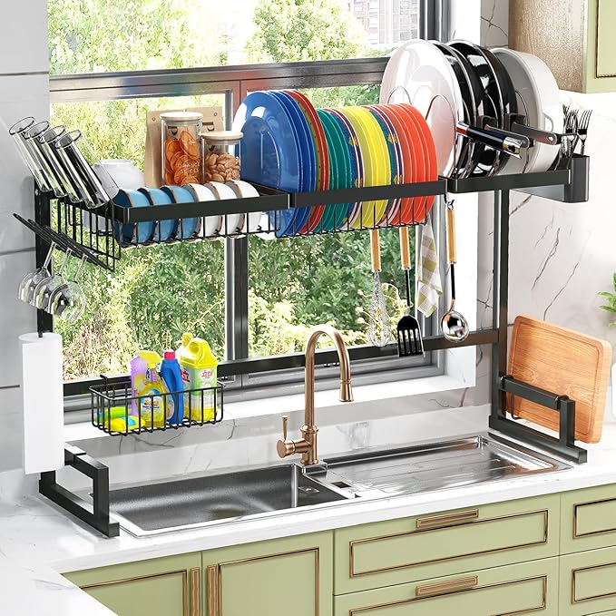 ADBIU Over The Sink (24"- 35.5" L) Dish Drying Rack (Expandable Dimension) Snap-On Design 2 Tier Kitchen Large Dish Drainer Counter Storage Organizer