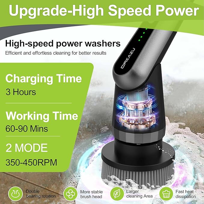 Dreazu G2-Pro Electric Spin Scrubber - Upgraded 10-in-1 scrubber brush electric, Retractable Handle & 2-Speed for Bathroom, Bathtub, Kitchen, Tile Floors(Gray Brush Head）