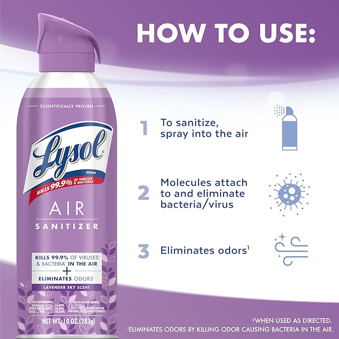 Lysol Air Sanitizer Spray with Odor Eliminator - Lavender Sky Scent - 10 oz Bottle (296 ml) - Pack of 3 - Sanitizing Air Freshener Alternative - Home, Bathroom, Kitchen - Kills Airborne Bacteria