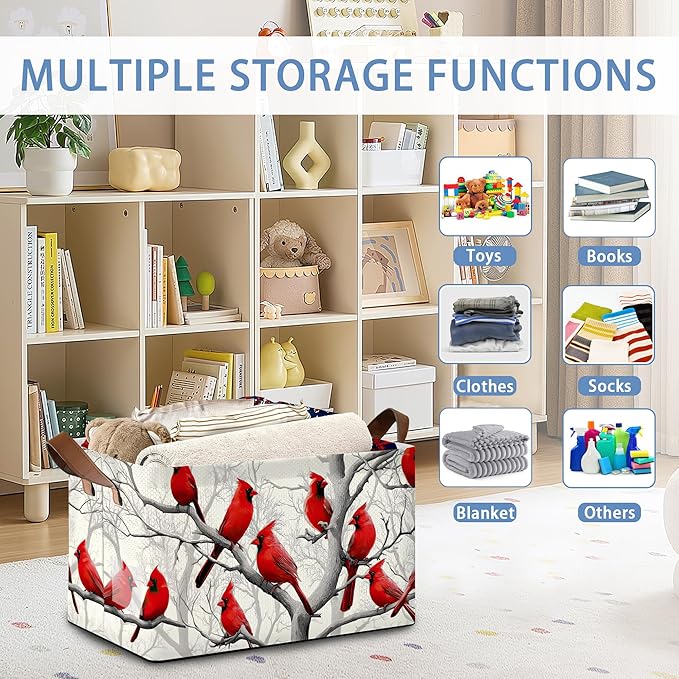 Red Cardinal Storage Basket with Handles,Winter Collapsible Rectangle Organizer Bin for Room Decoration Books Box Baskets 17x11.5x10Inch
