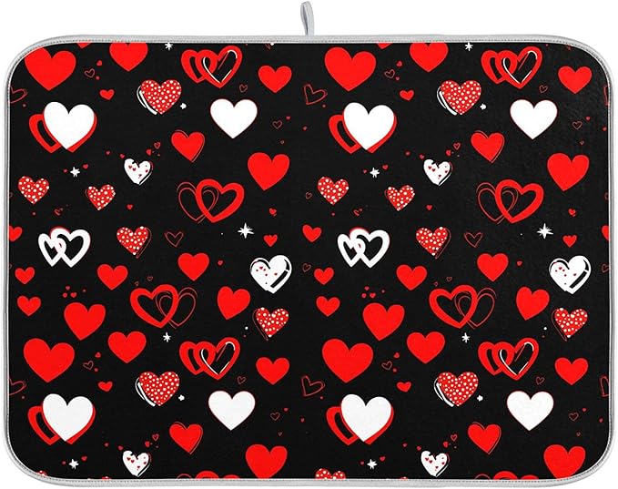 Black Love Heart Dish Drying Mat for Kitchen Countertop 18x24 Happy Valentine's Day Large Drying Mat Reusable Quick Dry Dish Sink Mats Easy Clean Decorative Essentials