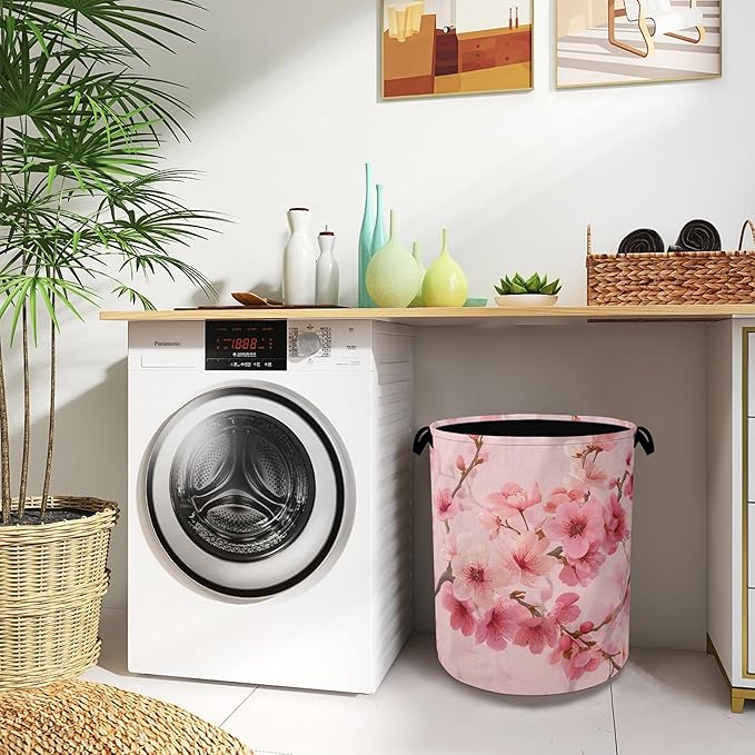 Cherry Blossoms Laundry Basket,Japanese Foldable Oxford Cloth Tote Bag Laundry Hamper Clothes Storage Bucket Organizer for Bedroom Laundry Storage Dormitories 16" x 20.8"