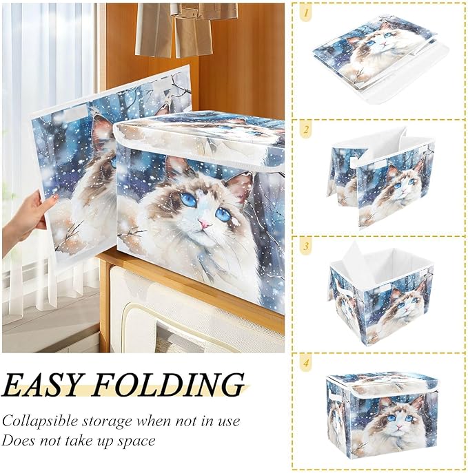 senya Winter Baskets Collapsible Storage Bins with Lids, Ragdoll Cat in The Snow Storage Boxes Clothes Baskets for Organizing