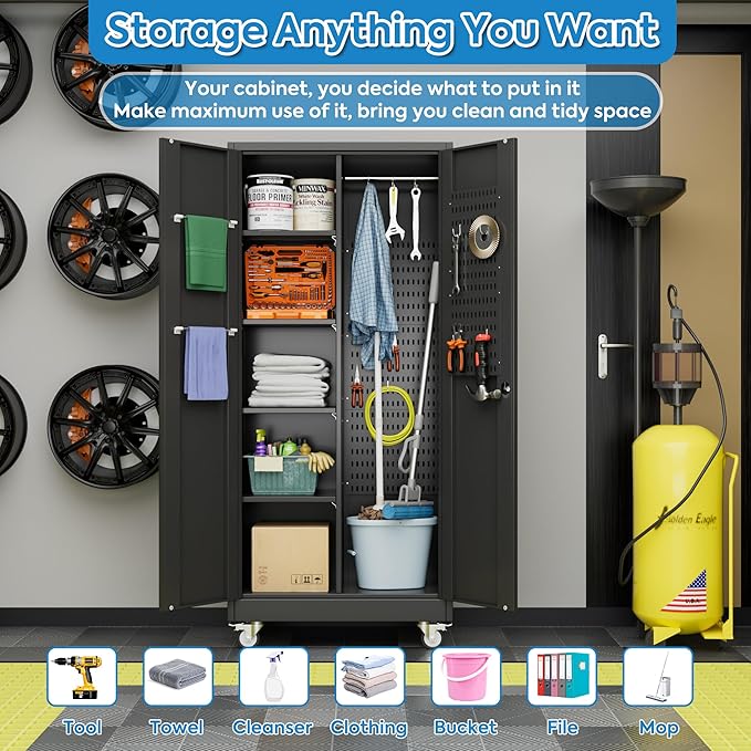 SUXXAN Broom Closet Storage Cabinet with Wheels 71.4"x 31.5"x15.7", Metal Cleaning Cabinets with Hooks and Hanging Rods, Lockable Cabinet with Pegboard, Adjustable Shelf,for Garage, Laundry Room