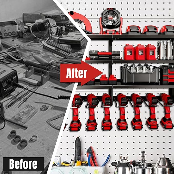 33" W Power Tool Organizer with Charging Station, 4 Layers Heavy Duty Metal Tool Storage Rack Wall Mount 8 Cordless Drill Holder with 4 Power Strip, Battery Organizer for Garage, Workbench,Tool Room
