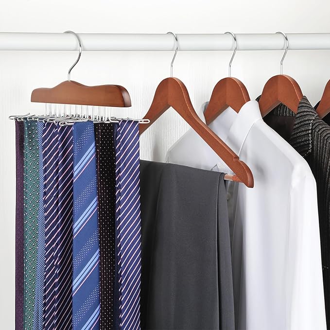 TOPIA HANGER Tie Rack Hanger for Closet, Wooden Tie Organizer for Men with 24 Folding Hooks, Space Saving Necktie Holder for Storage and Display Bra, Tank Top, Camisole (2-Pack), Walnut- CT14WA-2