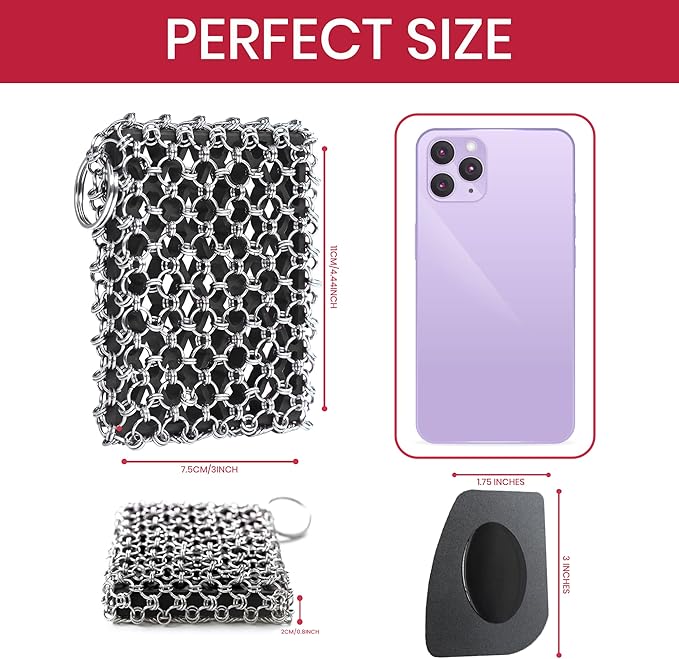 Zylark 316L Cast Iron Scrubber + Scraper Tool - Pan Cleaner Scrubber with Silicone Insert - Cast Iron Cleaning Kit - Chainmail Scrubber for Cookware