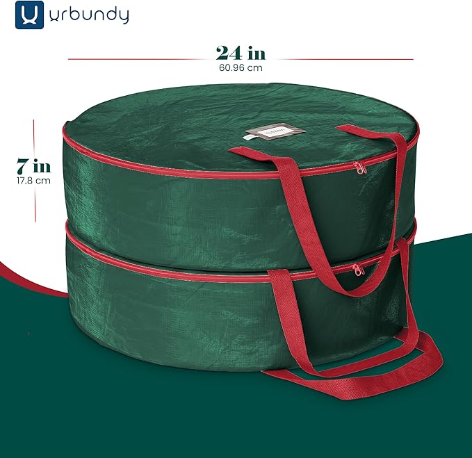 Heavy Duty Wreath Storage Bag 24 Inch, 2-Pack - Christmas Wreath Storage Container Green - Waterproof Plastic Material Wreaths Holder Storages - Holds 24 Inch Wreaths For Year Round