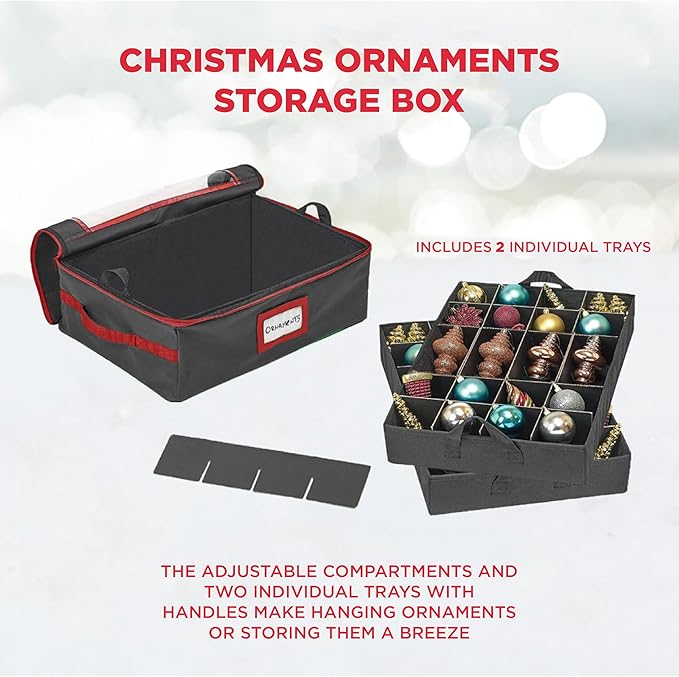 HOLDN’ STORAGE Christmas Ornament Storage Box with Dividers - Fits 48-3” Ornaments, 2 Removable Trays, Durable & Space-Saving, Clear Top Lid, Fits Underbed, Charcoal