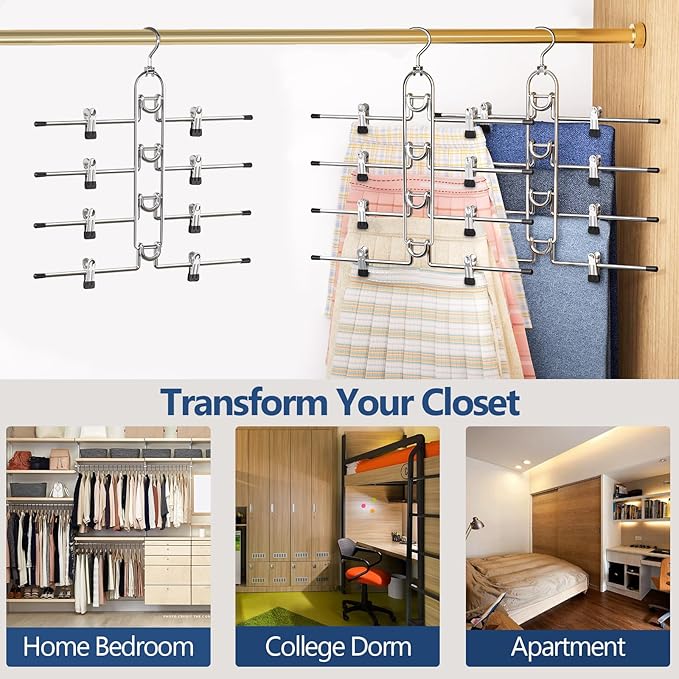 Pants & Skirt Hangers with Clips, Newly Upgraded Detachable Space Saving Hangers, 4-Tiers Skirt Hangers for Women - Hanging Closet Organizer and Storage-2pack, Patent Pending