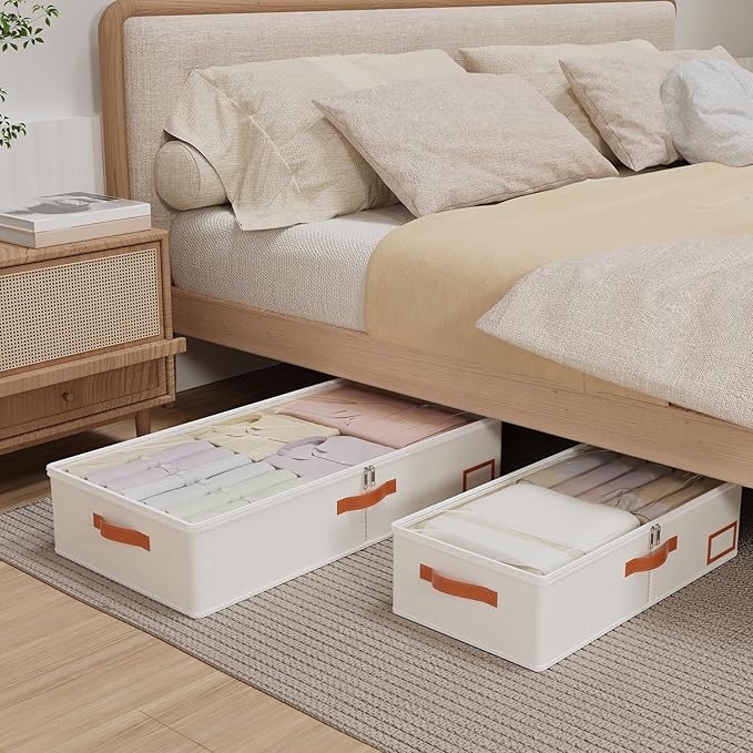 Yawinhe Under Bed Storage Containers, 2 Pack, Bin with Lids, Collapsible Closet Organizers, with Sorting Card Slot and 4 Leather Handles, for Blanket, Bedding, 31.5''Lx15.7''Wx6''H, Beige