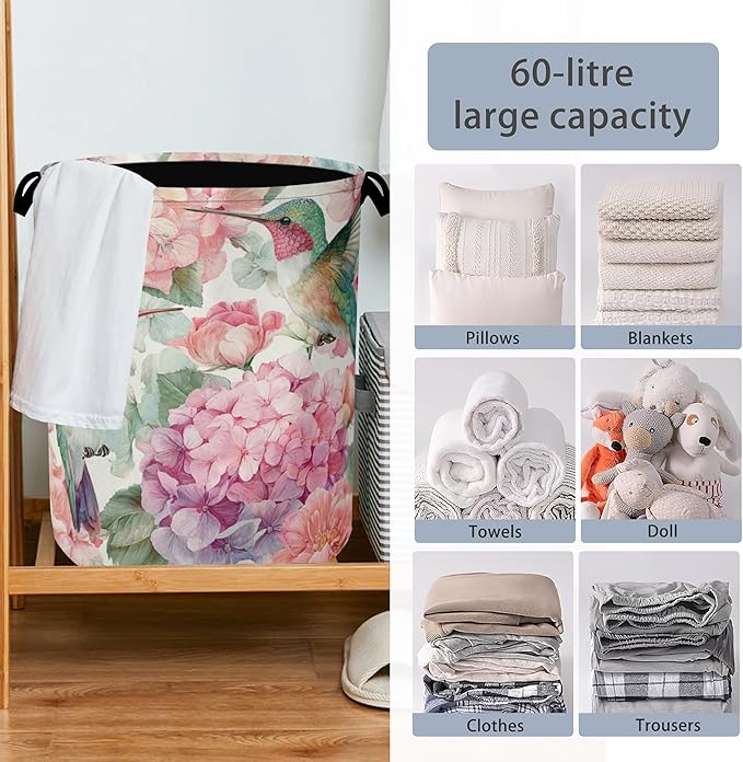 Hummingbird Laundry Hamper,Pink Flower Floral Dirty Clothes Laundry Basket with Handles Waterproof Oxford Cloth Storage Basket for College Dorms Bathroom Bedroom 16" x 20.8"