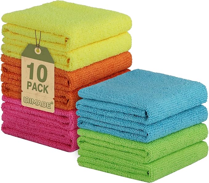 UNIMADE Microfiber Cleaning Cloth, 10 Pack Reusable Microfiber Towels for Cars Lint Free Cleaning Shop Towel Rags for Home Kitchen Automotive Bar Mechanic Restaurant Garage, 11.5"x 11.5", Multicolor