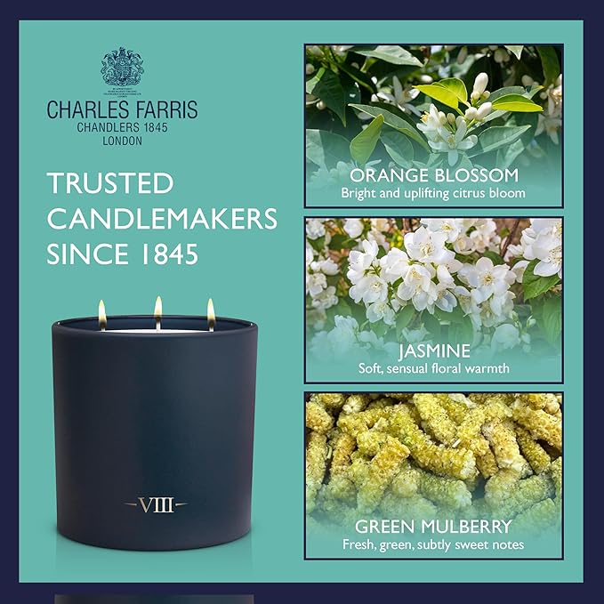 Charles Farris Luxury Scented Candle – 3 Wick, Hand-Poured, Long Lasting, Clean Burning, 640g / 22.5oz, Up to 80 Hour Burn, Made in England – Orange Blossom, Jasmine, Green Mulberry – Elizabeth