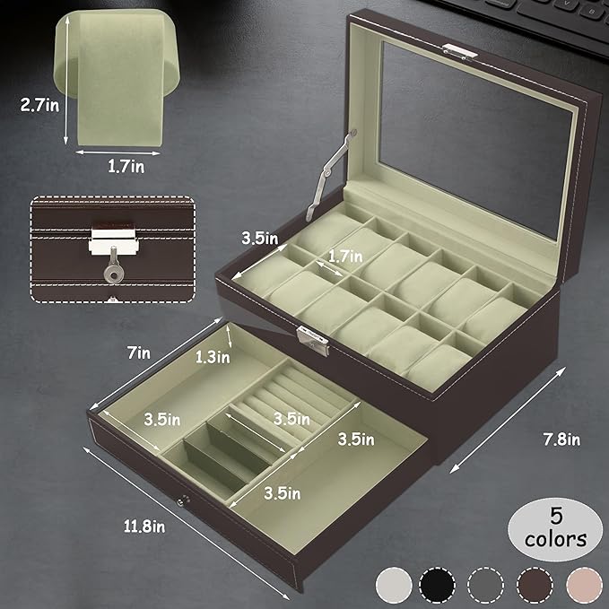 Ogrmar 12 Slot PU Leather Lockable Watch Storage Boxes, Men & Women Jewelry Display Drawer Case, 2-tier Organizer Watch Showcase with Glass Lid (Brown)