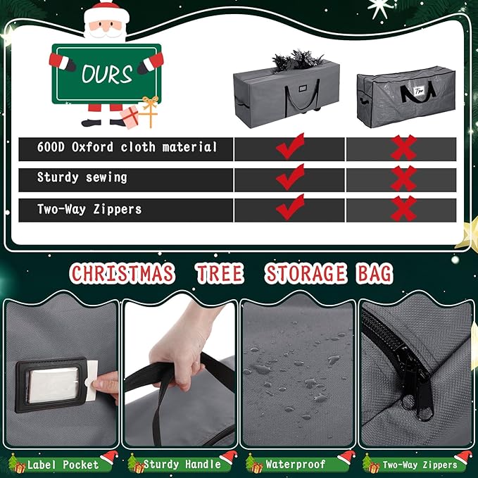 9 Ft Heavy Duty Christmas Tree Storage Bag 900d Oxford Fabric with Wheels and Reinforced Handles, Durable Xmas Storage Box for Disassembled Holiday Tree (9 ft,Grey)