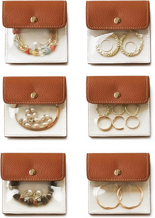 Popvibe 6 Pcs Jewelry Bags Clear Mini Pouch Small Jewelry Pouches for Traveling Leather Portable Travel Jewelry Organizer and Storage Bag for Earrings, Necklace, Brown