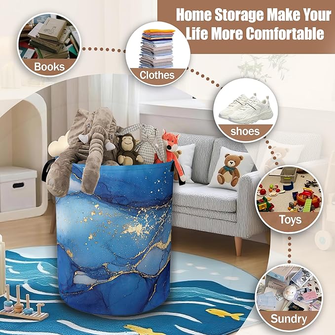 Blue Gold Marble Laundry Basket, Laundry Hamper Waterproof Oxford Cloth Tote Collapsible,Clothes Storage Bucket Decorative Toy Organizer For Bathroom Bedroom 16" x 20.8"