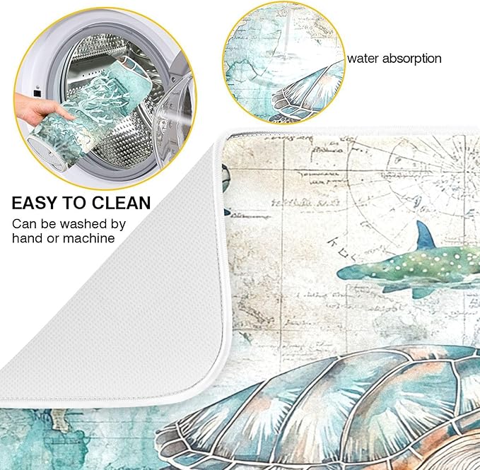 Nautical Theme Dish Drying Mat for Kitchen Counter Sea Horse Turtle Octopus Coastal Drying Mats Super Absorbent Reversible Microfiber Kitchen Countertop Protector Dishes Pad Large 18x24 inch